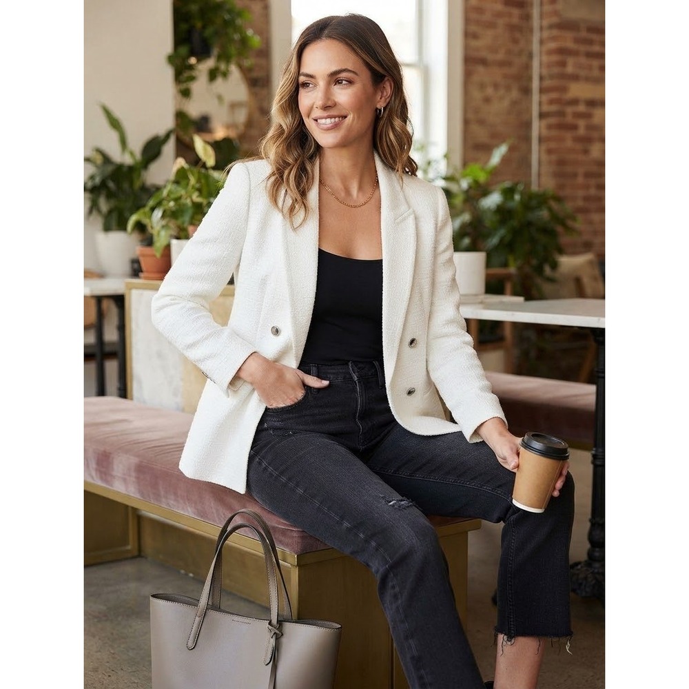 Express Womens White Tweed Double Breasted Blazer Textured Boucle Jacket Large